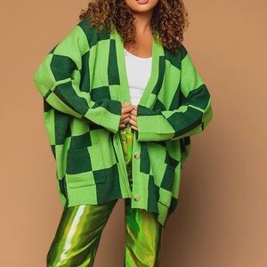 Dressed in LaLa Love You Oversized Checkerboard Cardigan in Green
